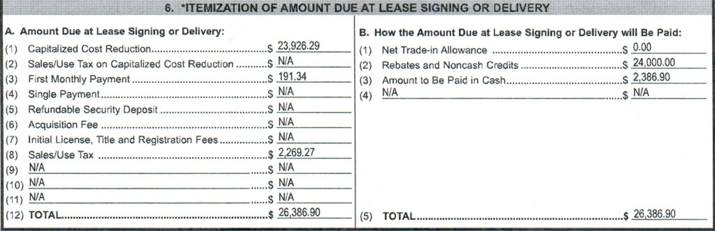 Example of Itemization of Amount Due at Lease Signing or Delivery section of lease contract