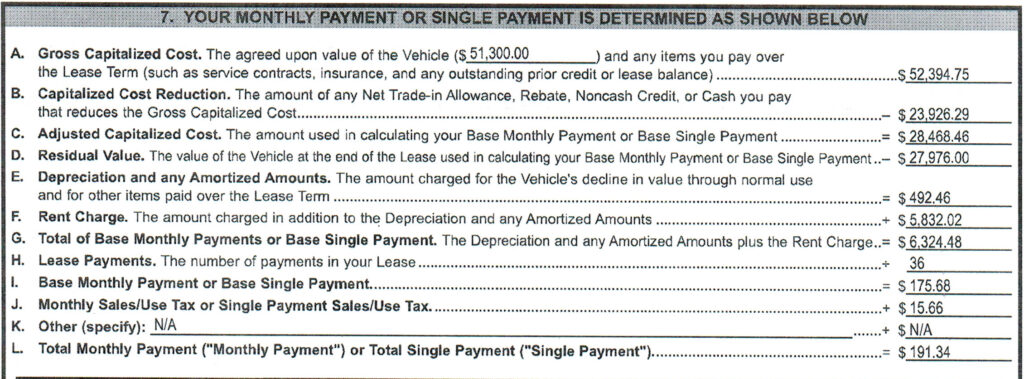 Example of Your Monthly Payment or Single Payment is Determined As Shown Below section of lease contract